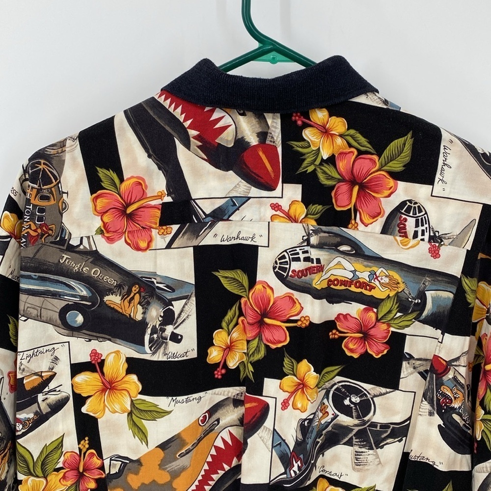 Vintage Hawaiian Shirt War Planes Pin-Up Girls Floral View 6